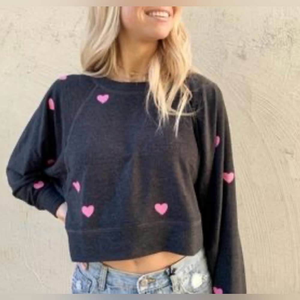 Chaser Charcoal Cropped Sweatshirt with Pink Hearts, XS
